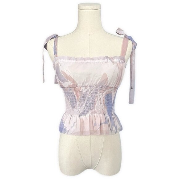 Aritzia Wilfred Crop Top Sz 2XS Smocked Y2K Rave Chiffon Adjustable Shoulder Tie - Picture 1 of 10